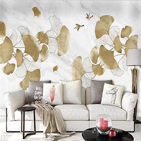 Papier peint Mural personnalisé 3D doré feuille de Ginkgo oiseau marbre