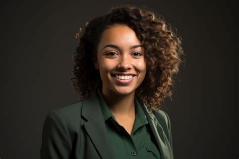 Premium Photo A Young Woman With Curly Hair Smiles Wearing A Green