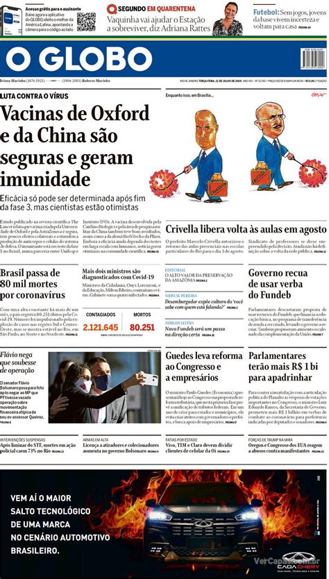 Capa O Globo Terça 21 De Julho De 2020