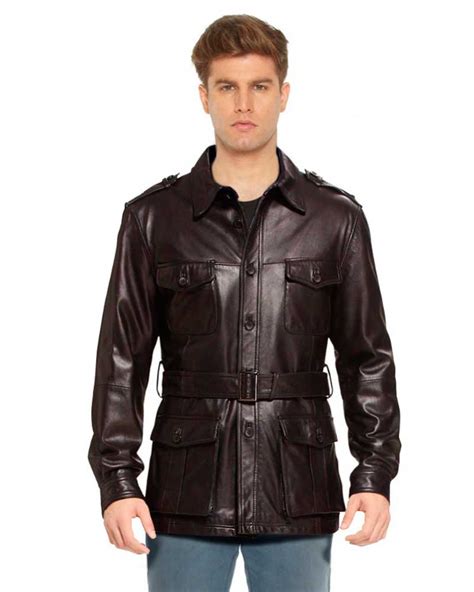 Military Style Leather Trench Coat With Waist Belt For Men Custom