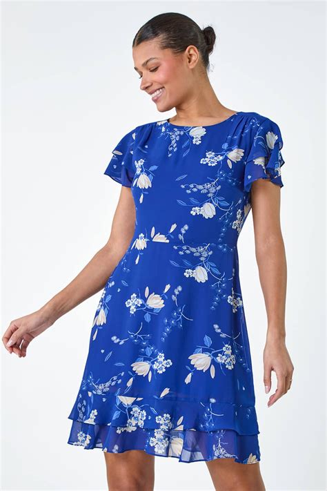 Blue Floral Print Frill Detailed Dress Roman UK