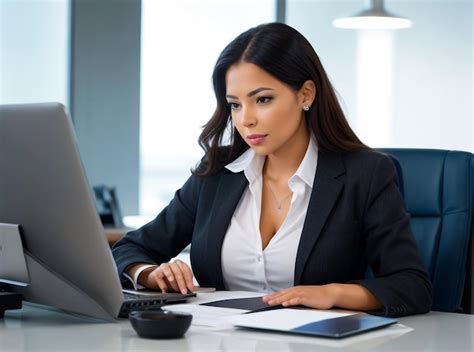 Premium Ai Image Beautiful And Focused Businesswoman Typing On Her