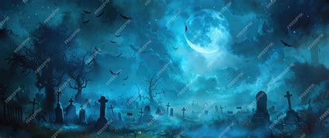 Dark night full moon in the sky clouds created a foggy graveyard scene with tombstones and ...