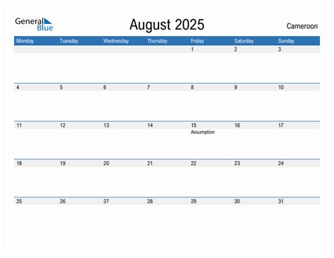 Editable August 2025 Calendar with Cameroon Holidays
