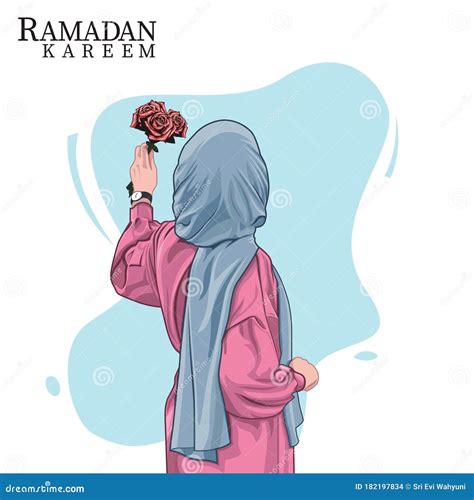 Hijab Girl Holding Flowers On Ramadan Vector Illustration Stock Vector