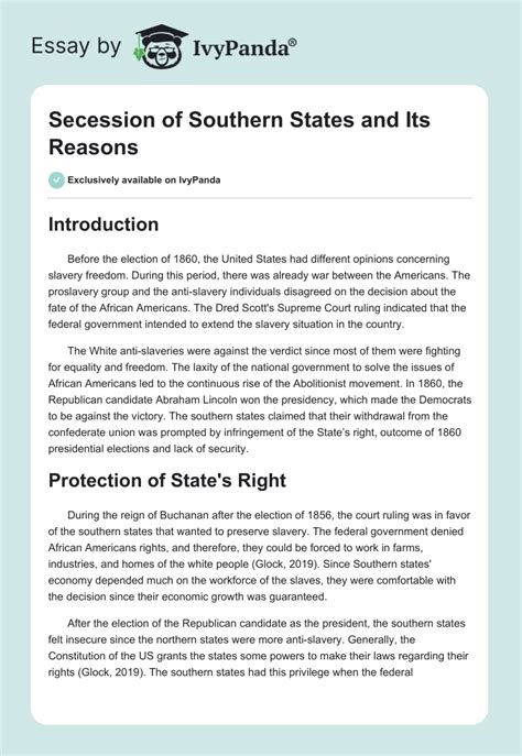 Secession of Southern States and Its Reasons - 848 Words | Essay Example