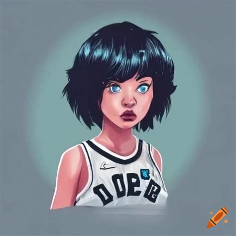 Comic Book Girl With Short Spikey Black Hair And Blue Eyes In A White Basketball Jersey Laying