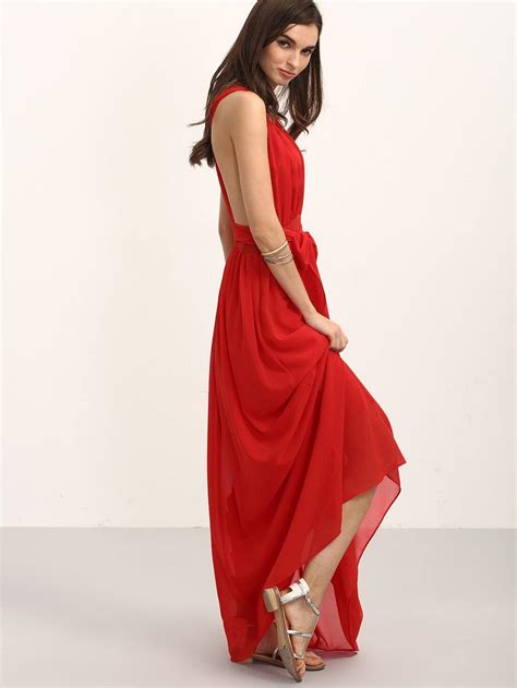 Red V Neck Tie Waist Sleeveless Maxi Dress SheIn Sheinside