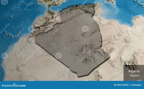 Algeria Border Shape Overlay Bevelled Satellite Labels Stock