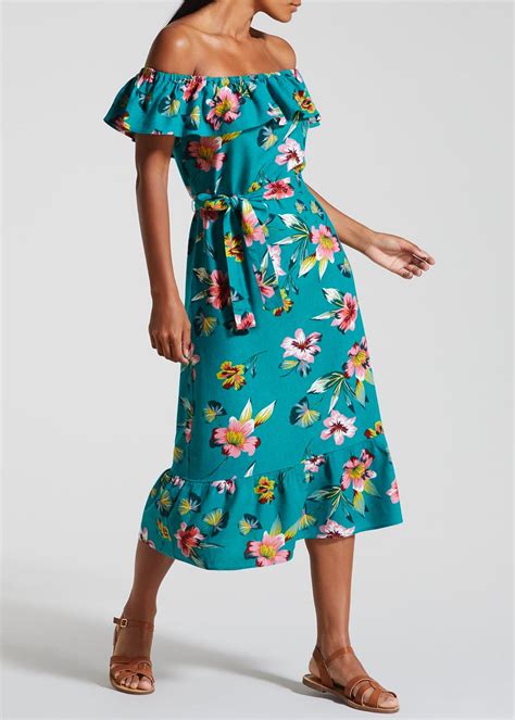 Floral Linen Look Bardot Midi Dress Green Green Midi Dress Bardot