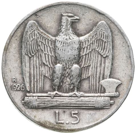 Монета Италия 5 лир 1926 стоимостью 700 руб.