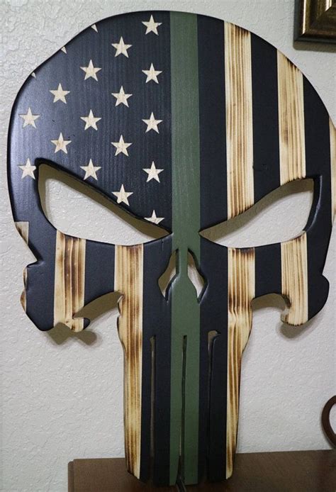 Wooden Punisher Skull American Flag With Thin Green Blue Etsy Punisher