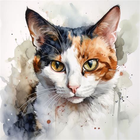 Calico Cat Digital Art Watercolor Painting Society Watercolor Cat