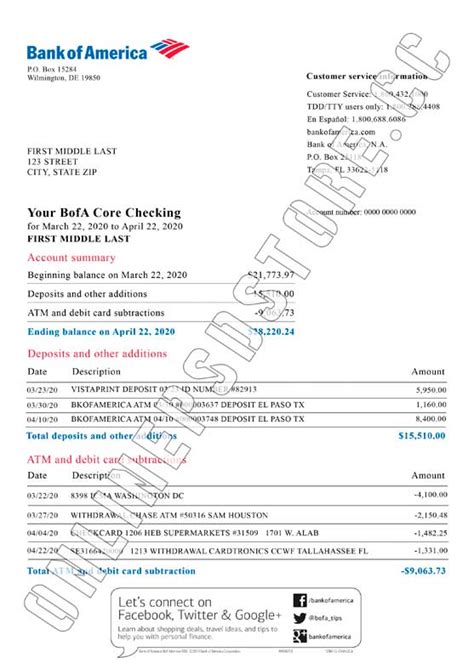 Bank Of America Business Bank Statement Template