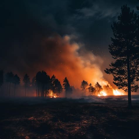 Premium AI Image | A fire burns in a forest at night with a dark sky in ...