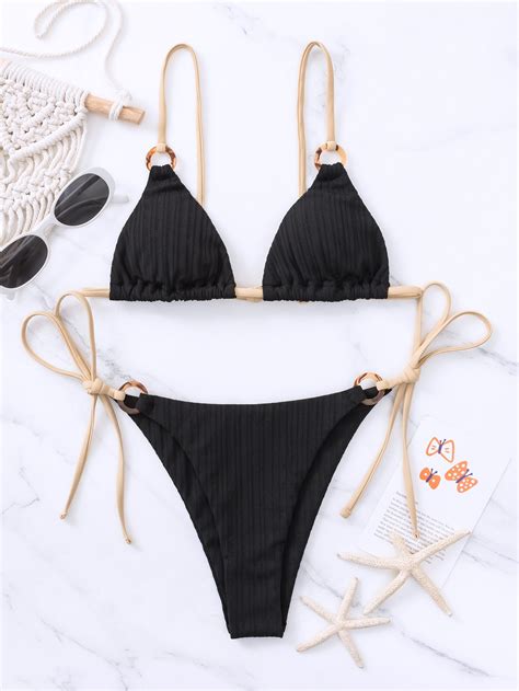 Shein Swim Basics Ribbed Bikini Set Ring Linked Triangle Thong Bra