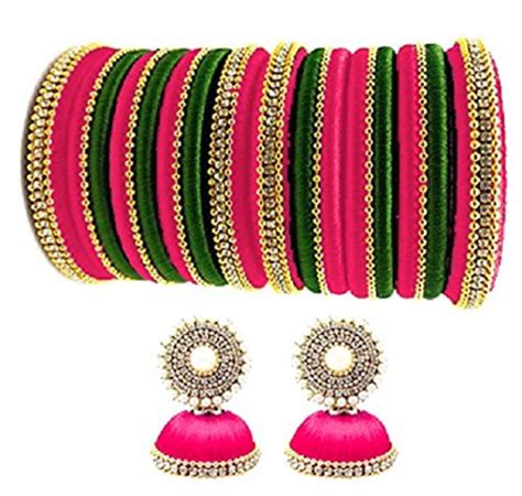 Pink Green Thread Bangles With Jhumka For Women Girls Wear Etsy