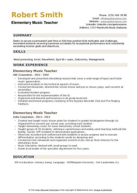 Elementary Music Teacher Resume Samples Qwikresume