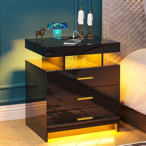 Hnebc Nightstand With Wireless Charger Drawers Usb Ports Auto Led