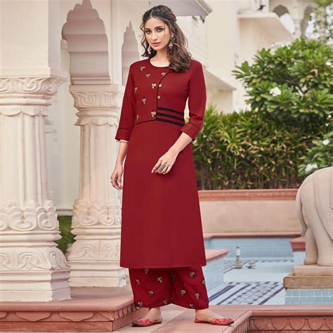 Red Casual Wear Embroidered Cotton Palazzo Suit