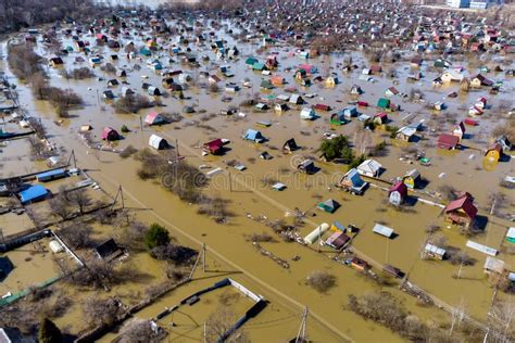 Aerial View Of The Flooded Suburban Areas During The Spring Flood Stock