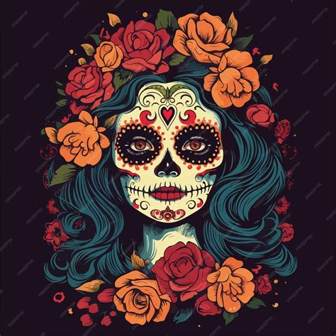 Premium Vector A Girl In Flowers With A Painted Face Dia De Los