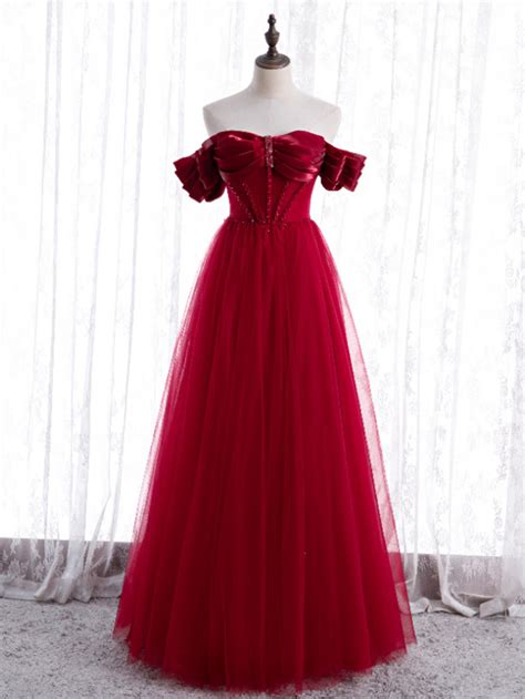 Burgundy Satin Off The Shoulder Beading Prom Dress