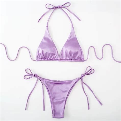 Sexy Women S Metallic Halter Top Two Piece Swimsuit Tie Side Triangle Bikini Summer Solid