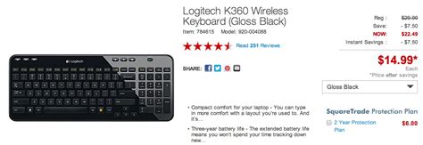 Logitech K360 Wireless Keyboard w/3 year battery for $15