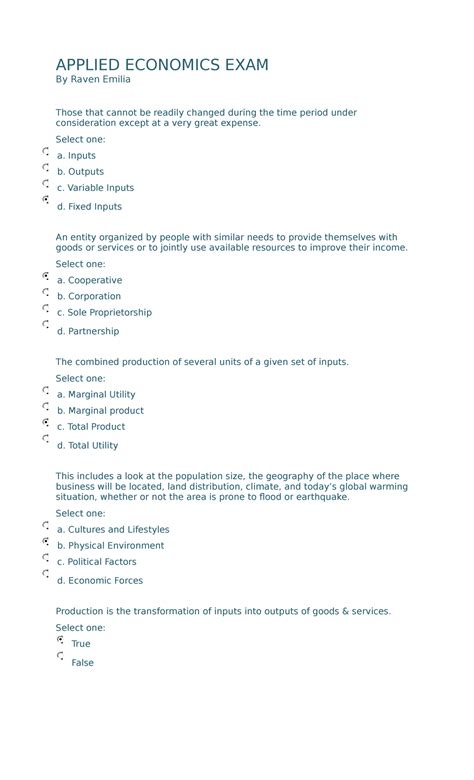 Applied Economics Exam Answer Key Not All Answer Just Some Applied Economics Exam By Raven