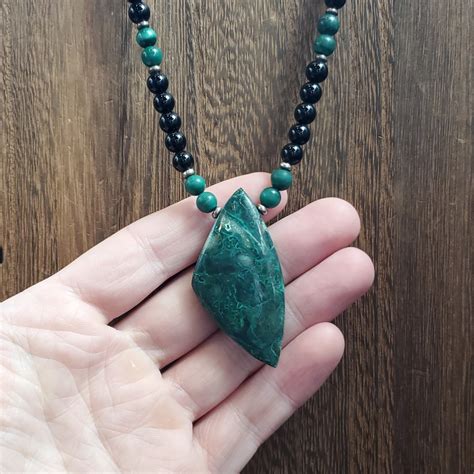 22 Inch Sterling Silver Beautiful Malachite And Black Onyx Stone Necklace Etsy