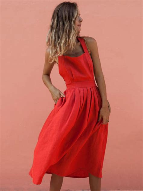 Maxikleid Rot Sommerkleider lang ärmellos mit Trägern Damenmode