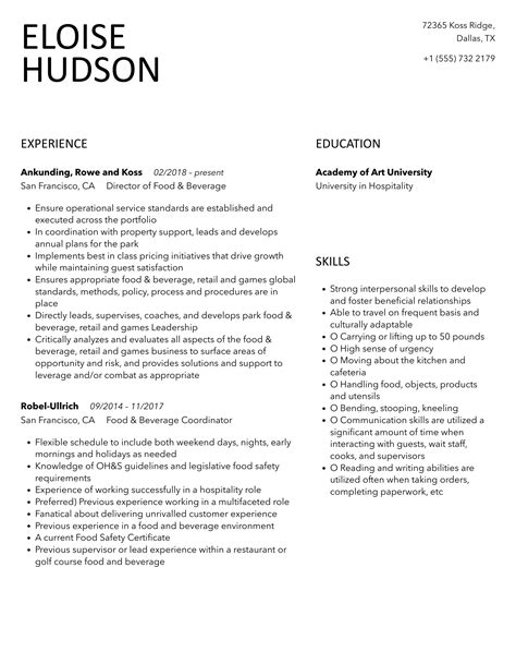 Food And Beverage Resume Samples Velvet Jobs