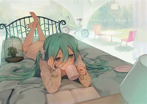 Bed Bicycle Book Brown Eyes Cage Green Hair Hatsune Miku Long Hair Noco