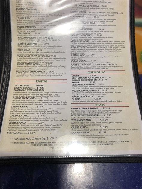 Menu at Buena Vista restaurant, Double Springs