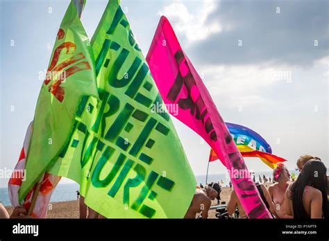 Fossil Fuel Free Future Slogan Painted On Protesters Banner Flag At