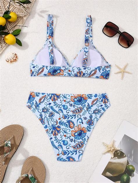 Shein Swim Women S Vacation Floral Printed Sexy Bikini Set With