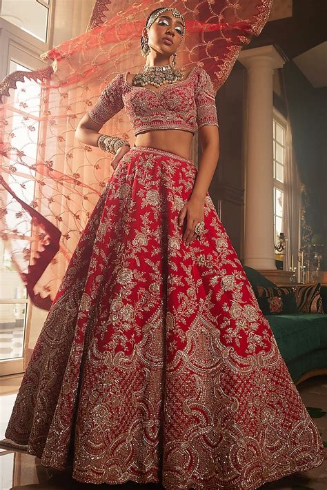 Red Raw Silk Zardosi Embellished Bridal Lehenga Set By Kalighata At