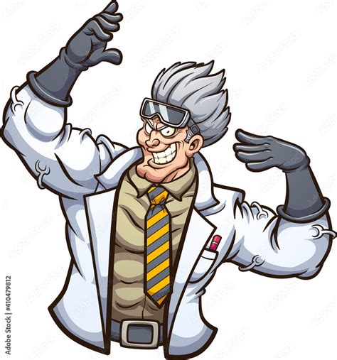 Strong Evil Scientist Posing With Arms Up Vector Clip Art Illustration