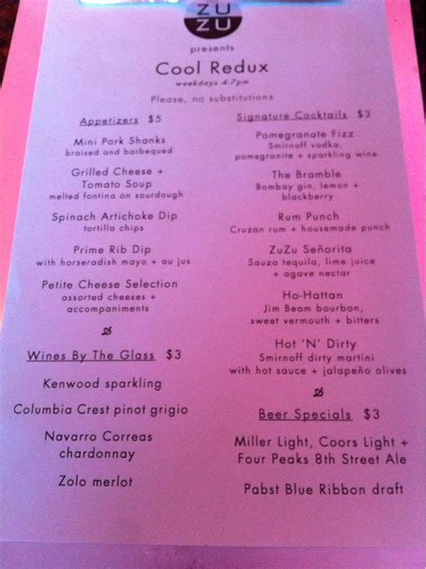 Menu at ZuZu pub & bar, Scottsdale, E Main St