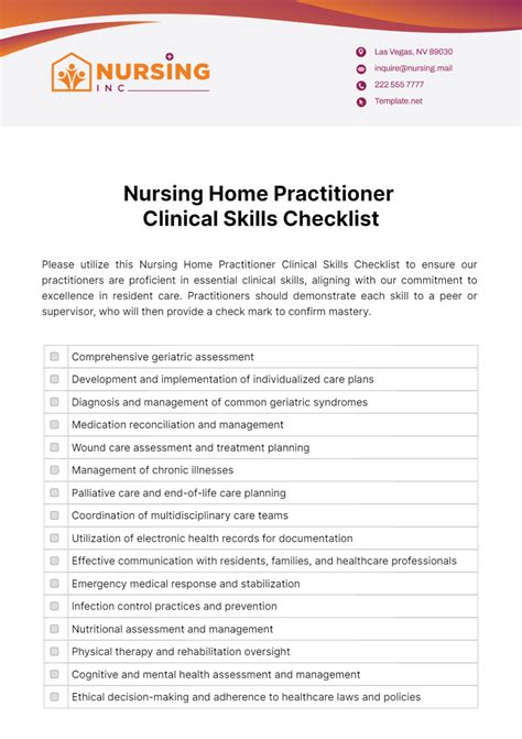 Free Nursing Home Practitioner Clinical Skills Checklist Template