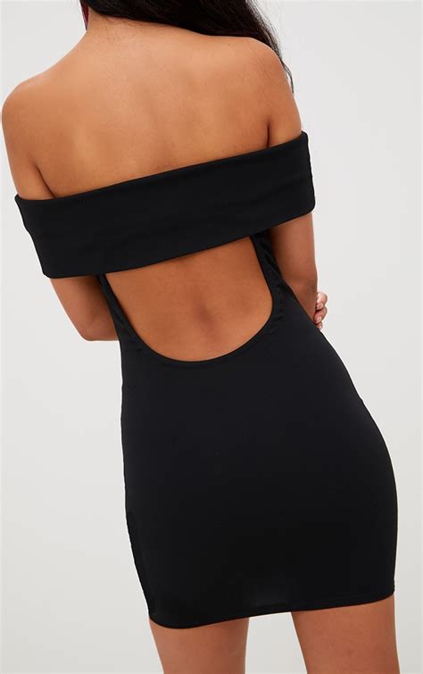 Black Open Back Bardot Bodycon Dress Prettylittlething