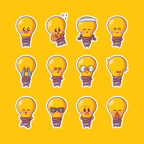 Premium Vector Cute Kawaii Light Bulb Character Stickers Illustration