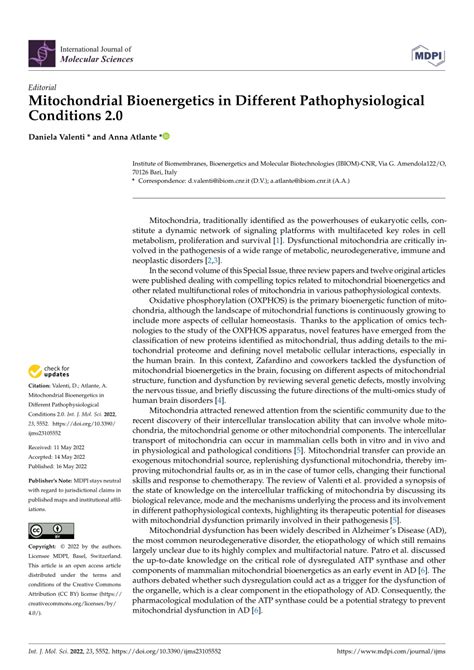 Pdf Mitochondrial Bioenergetics In Different Pathophysiological