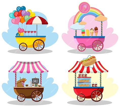 Premium Vector Set Of Different Food Carts In Cartoon Style