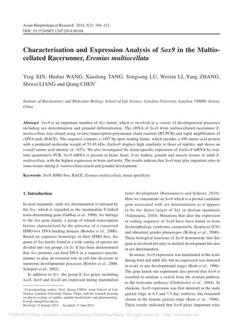 PDF Characterisation And Expression Analysis Of Sox9 In The