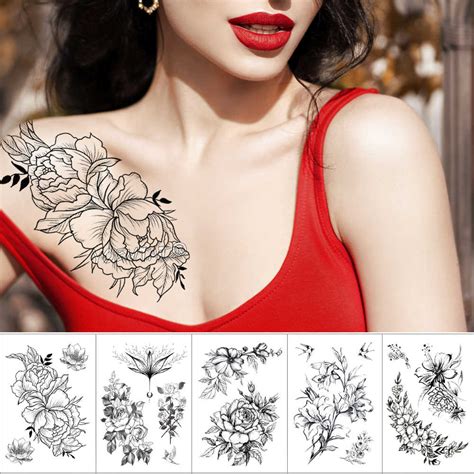 Geometric Flower Rose Eye Leaves Waterproof Temporary Tattoo Sticker Diamond Peony Black Tattoos