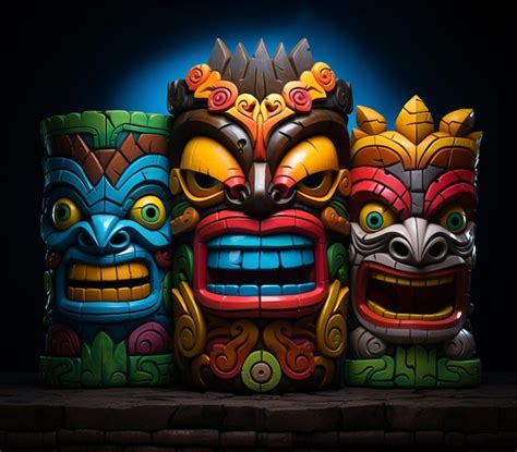 Premium Ai Image Three Colorful Tiki Statues Are Lined Up Against A