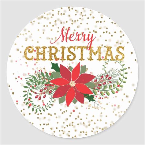 Merry Christmas Gold Glitter Poinsettia Classic Round Sticker Zazzle