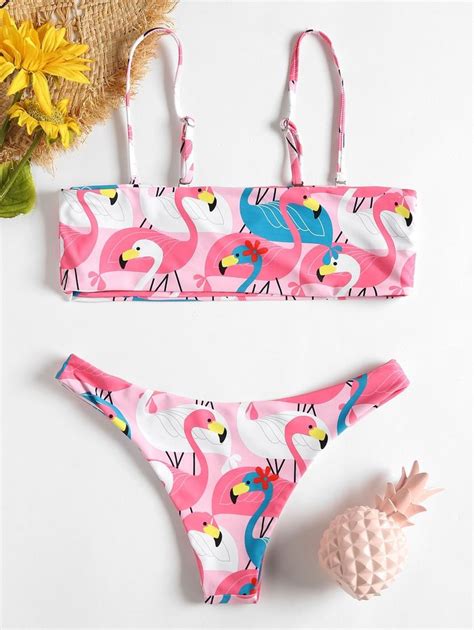 Flamingo Print Bandeau Bikini Set Trendy Fashion Style